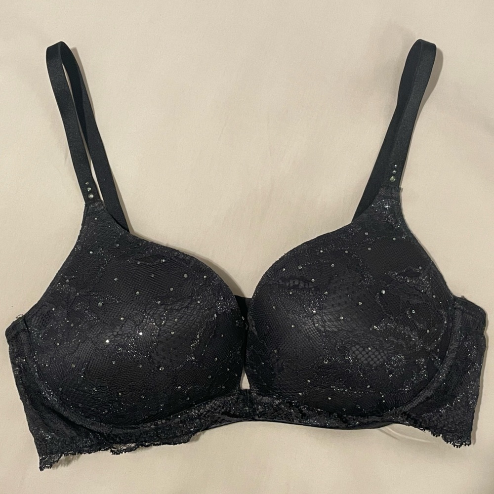 Victoria’s Secret BioFit Push-Up Black Lace metallic silver and rhinestones